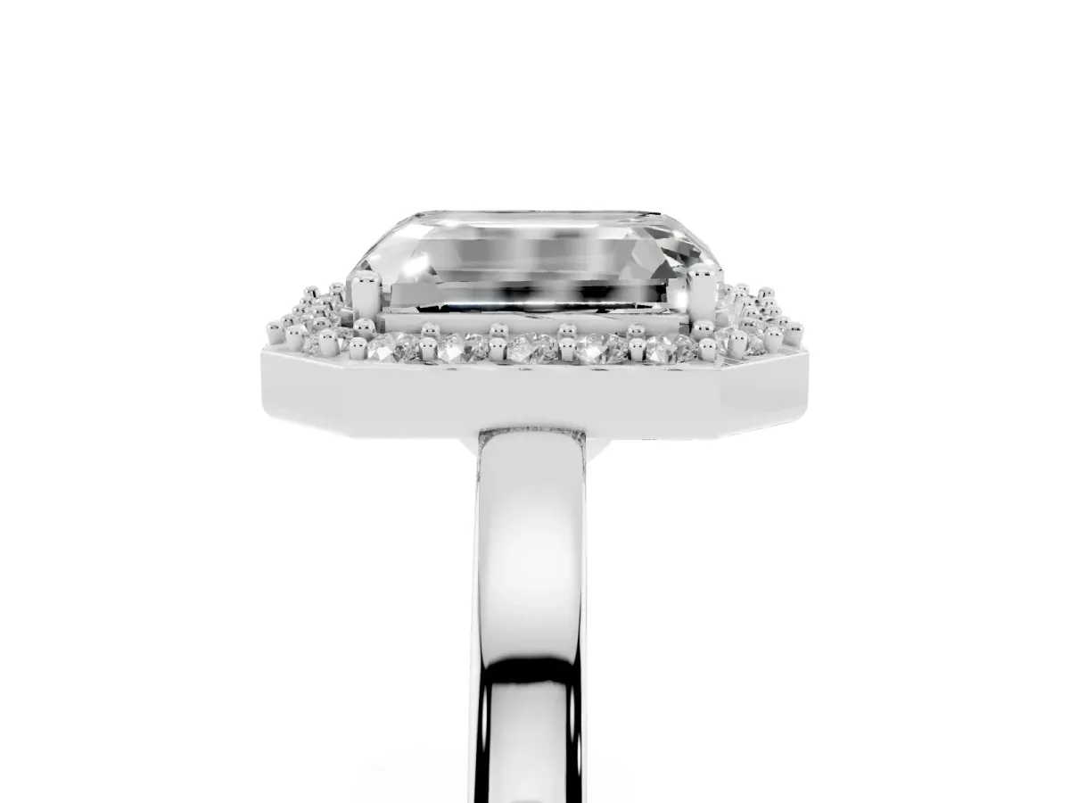 Radiant Cut Halo Diamond Ring with Solitaire Band and Prong Setting Silver