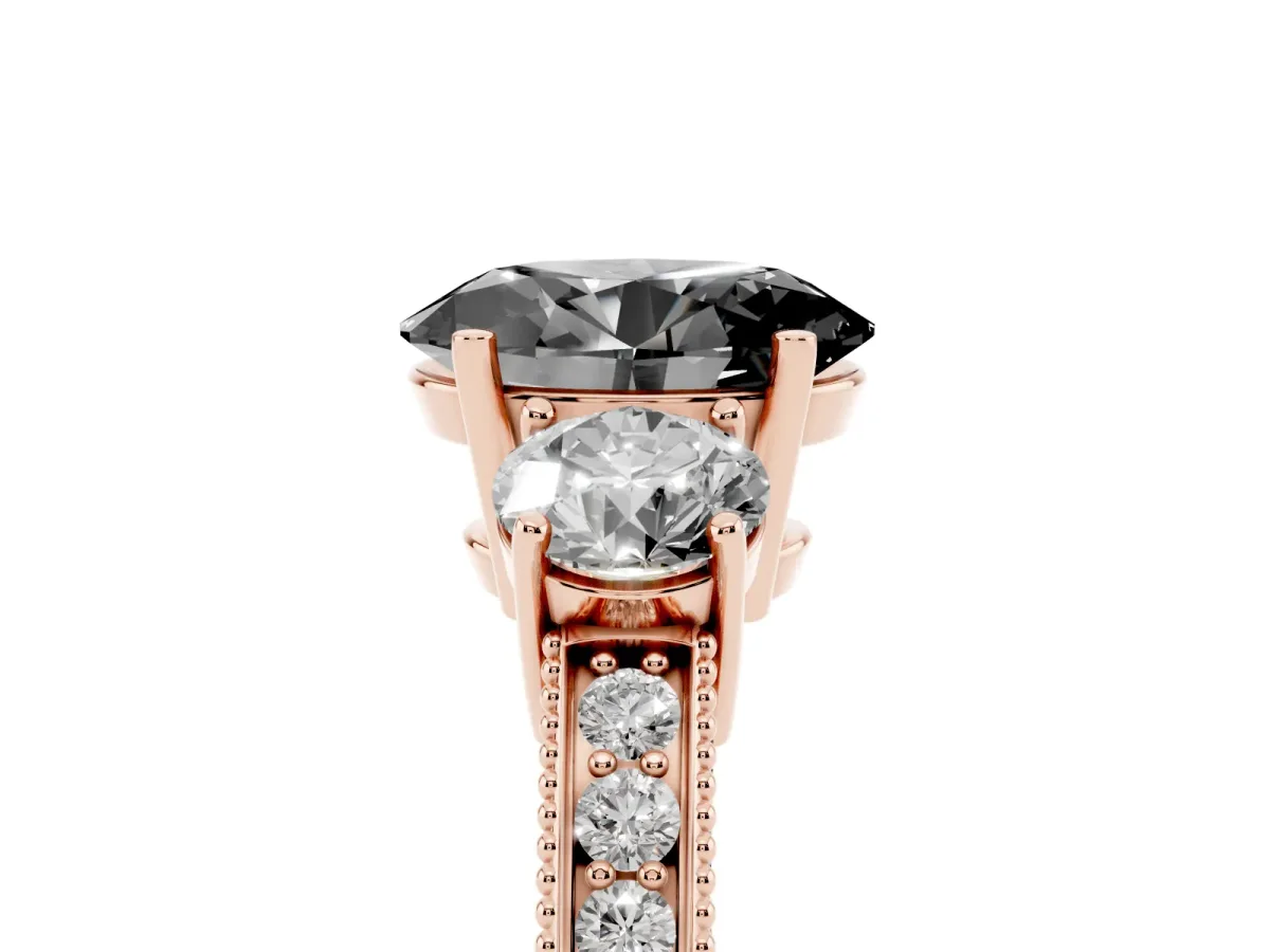 Fancy Black Oval Cut Three-Stone Diamond Ring with Pavé Band and Four-Prong Setting Rose gold