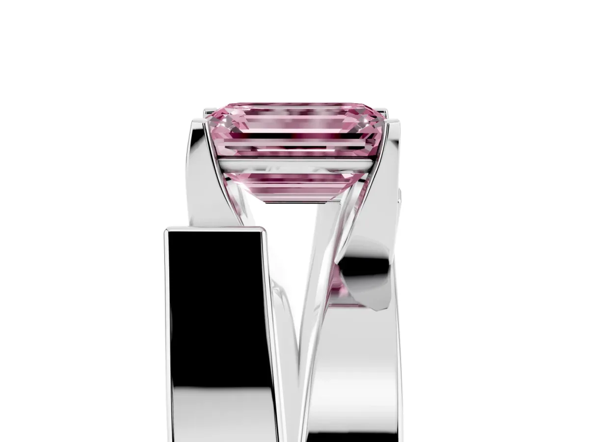 Fancy Pink Modern Tension Set Emerald Cut Diamond Solitaire Wide Band Ring Silver