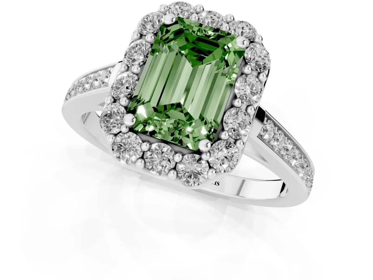 Fancy Green Emerald Cut Diamond Floral Halo Ring with Pavé Band and Prong Setting White gold