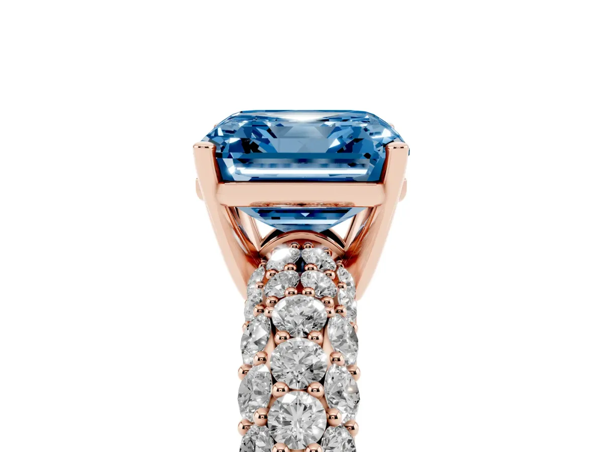 Fancy Blue Asscher Cut Diamond Pavé Band Solitaire Ring with Four-Prong Setting Rose gold