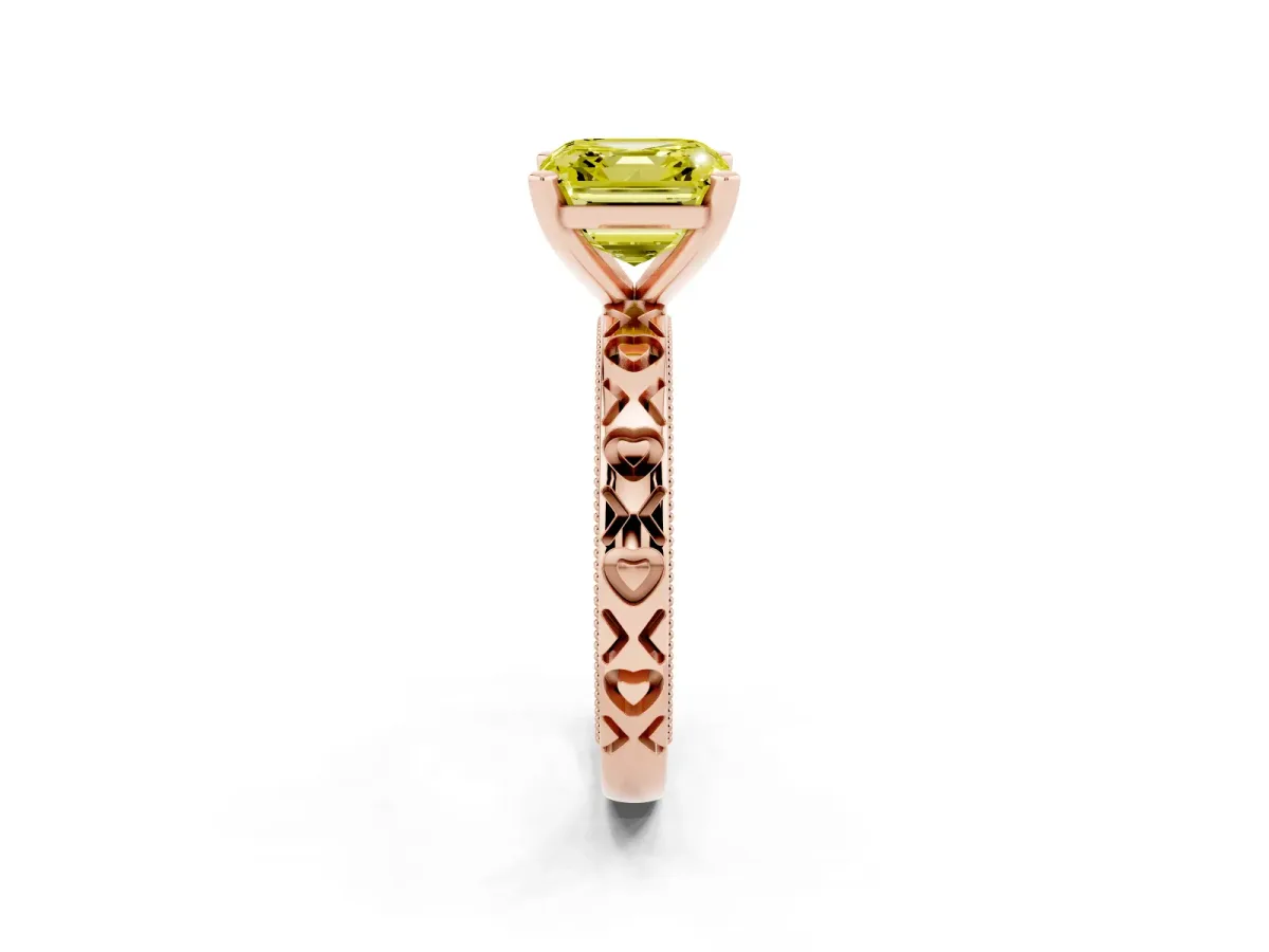 Fancy Yellow Asscher Cut Solitaire Diamond Engagement Ring with XO Engraved Band and Four-Prong Setting Rose gold