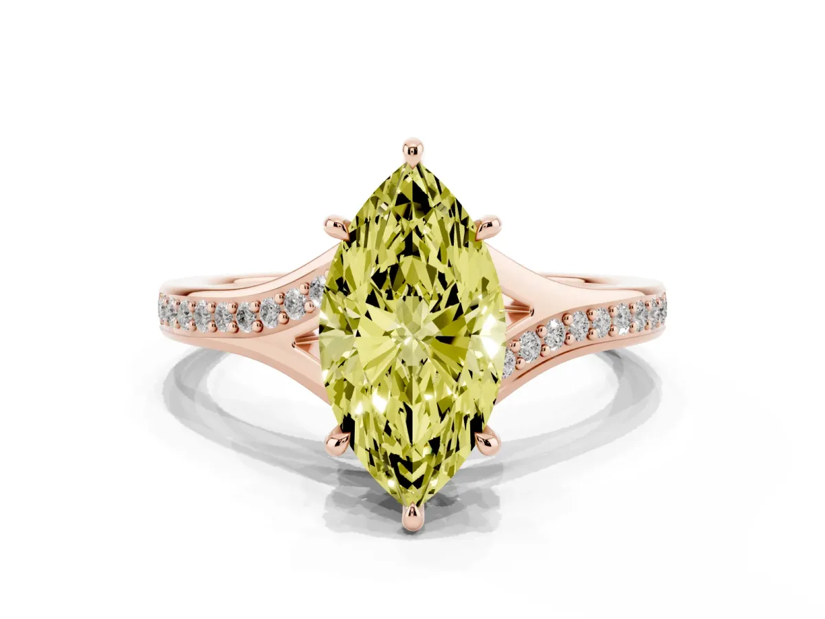Fancy Yellow Marquise Cut Diamond Solitaire Ring with Pavé Band and Prong Setting Rose gold