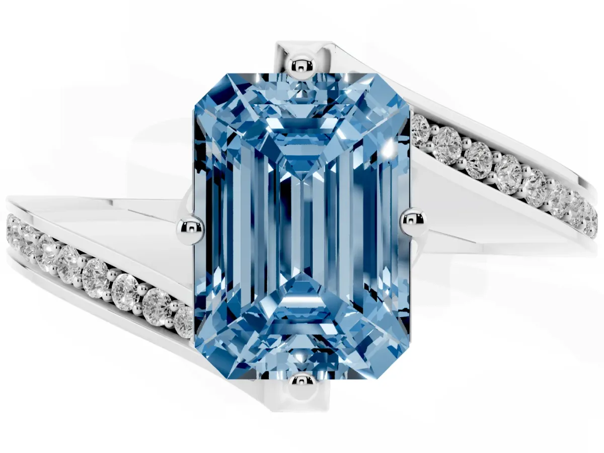 Fancy Blue Emerald Cut Solitaire Diamond Twist Band with Pavé Setting and Four-Prong Setting Silver