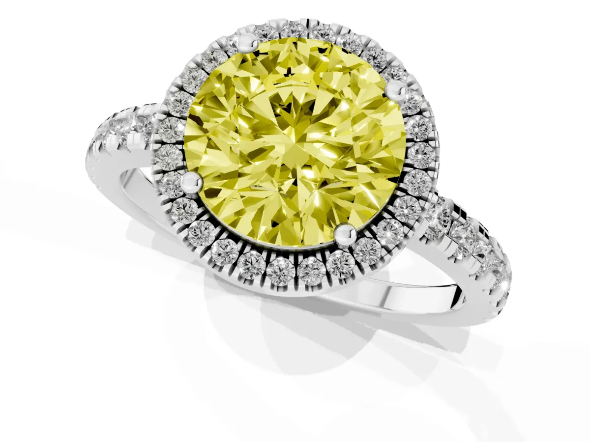 Fancy Yellow Round Cut Diamond Halo Ring with Pavé Band and Four-Prong Setting White gold