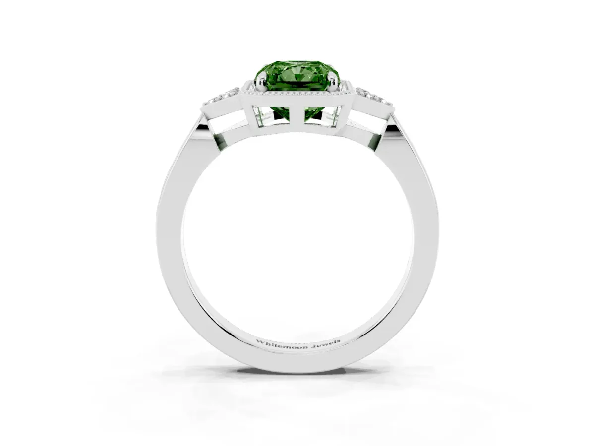Fancy Green Radiant Cut Diamond Halo Ring with Tapered Band and Four-Prong Setting Platinum
