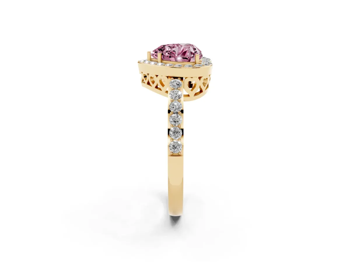 Fancy Pink Heart Cut Halo Diamond Pavé Band Ring with Prong Setting Yellow gold