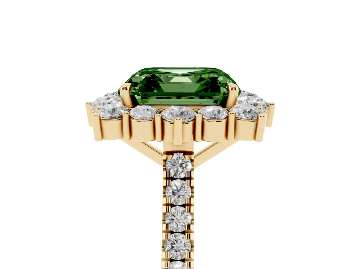 Fancy Green Asscher Cut Halo Diamond Ring with Pavé Band and Prong Setting Yellow gold