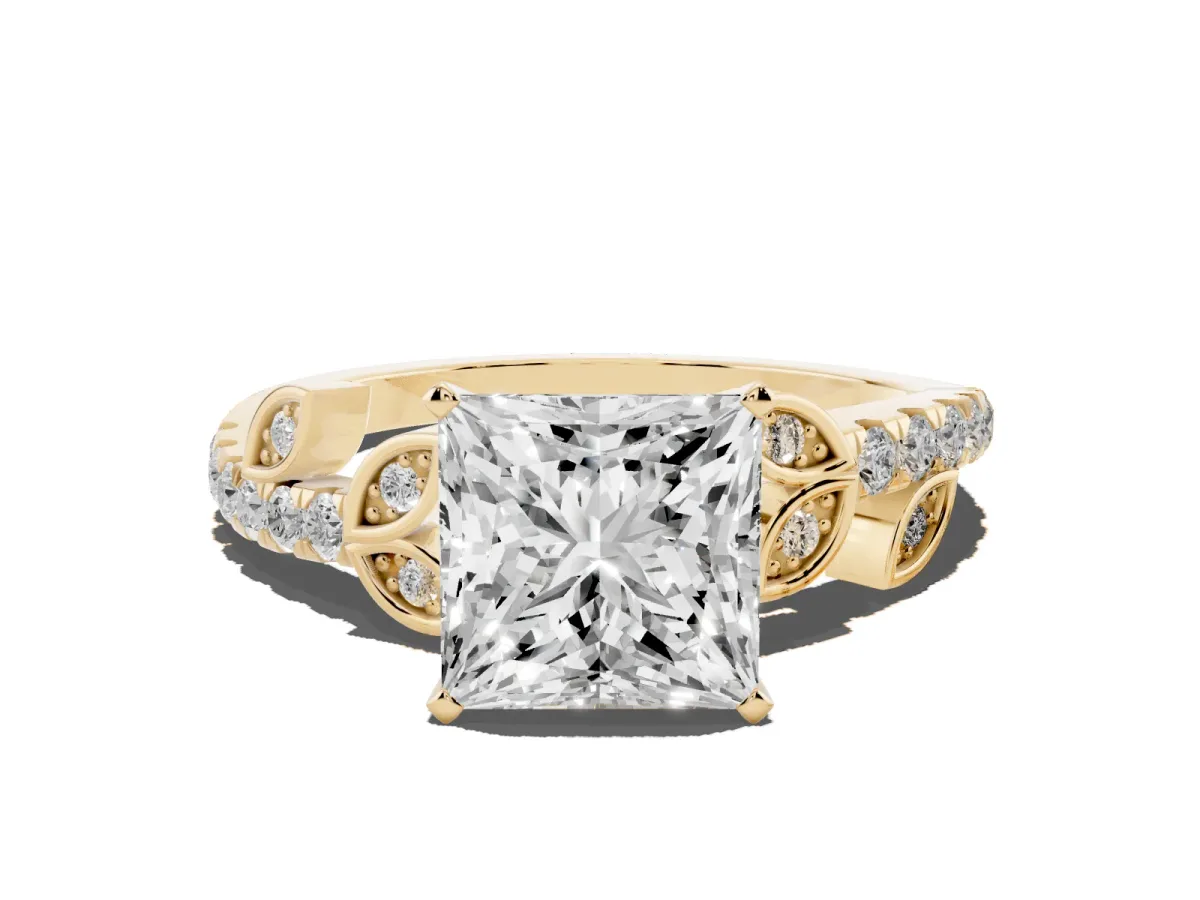Princess Cut Solitaire Leaf-Inspired Diamond Ring with Pavé Band and Four-Prong Setting Yellow gold