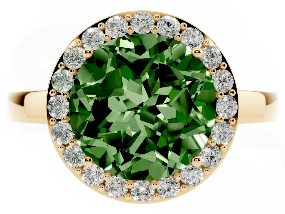 Fancy Green Round Cut Halo Diamond Ring with Solitaire Band and Prong Setting Yellow gold