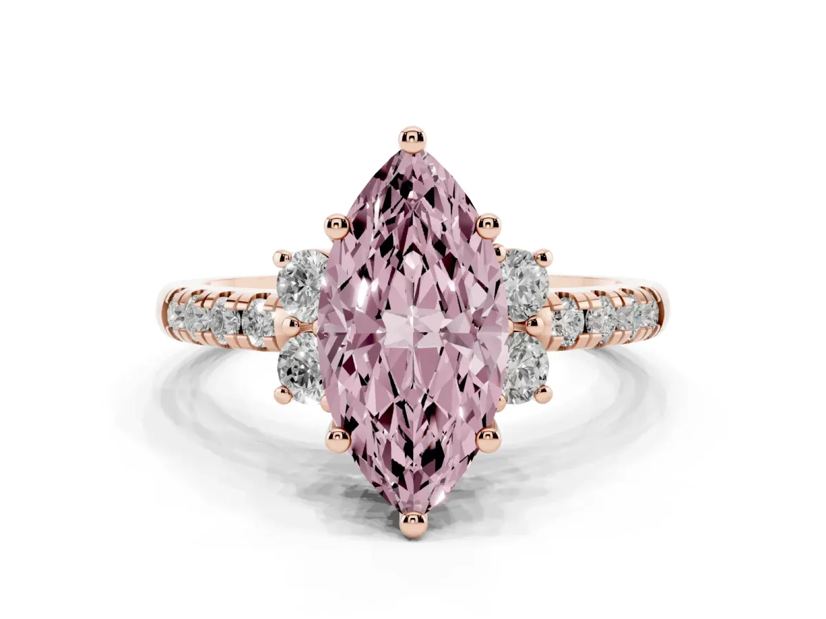 Fancy Pink Marquise Cut Diamond Three-Stone Pave Band with Four-Prong Setting Rose gold