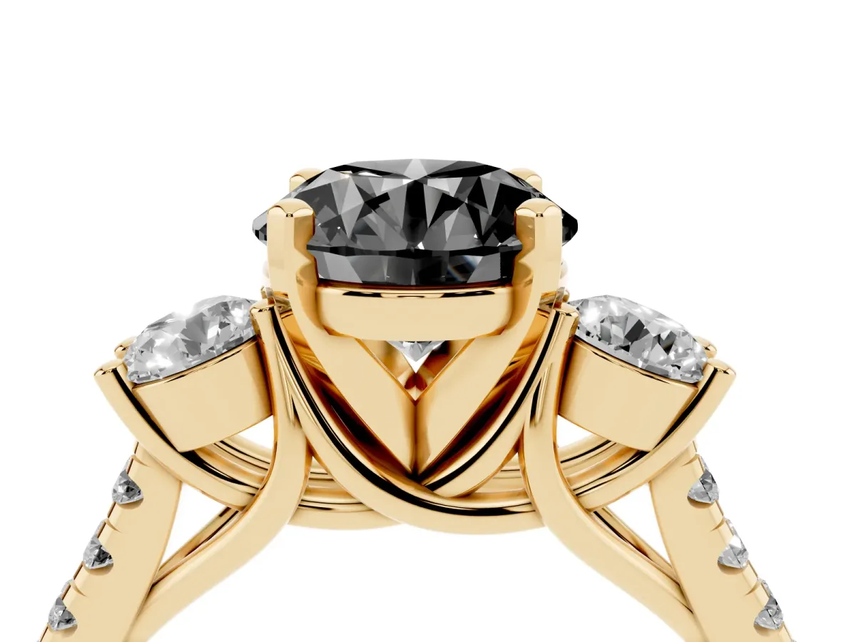 Fancy Black Three-Stone Round Cut Diamond Pavé Band with Four-Prong Setting Yellow gold