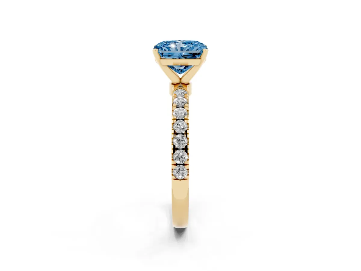 Fancy Blue Radiant Cut Diamond Solitaire Ring with Pavé Accents and Four-Prong Setting Yellow gold