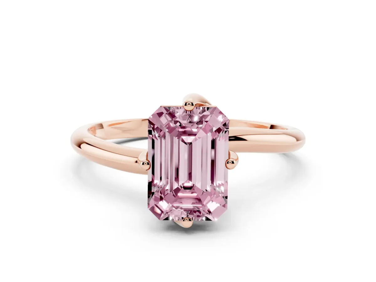 Fancy Pink Emerald Cut Diamond Solitaire Engagement Ring with Four-Prong Setting and Classic Band Rose gold