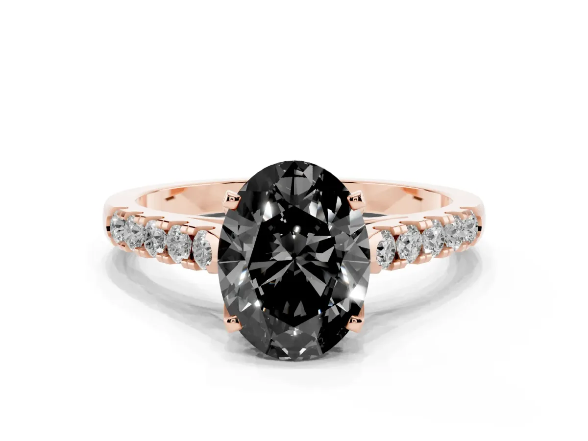 Fancy Black Oval Cut Diamond Pavé Band Solitaire Ring with Prong Setting Rose gold