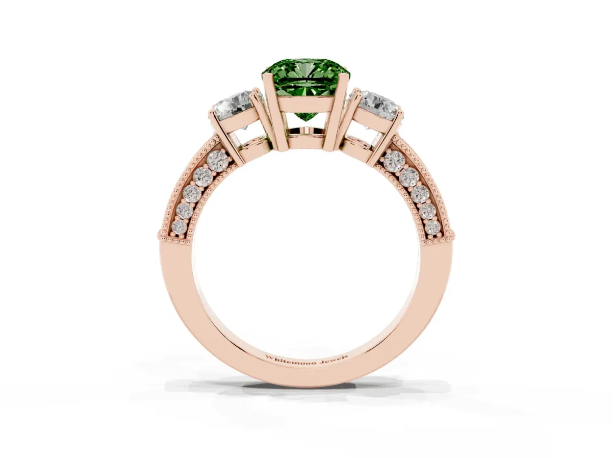 Fancy Green Cushion Cut Three-Stone Diamond Ring with Pavé Band and Four-Prong Setting Rose gold