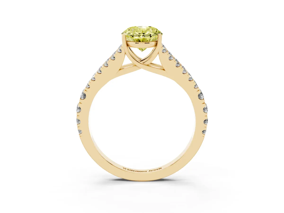 Fancy Yellow Oval Cut Diamond Split Shank Pavé Engagement Ring with Four-Prong Setting Yellow gold
