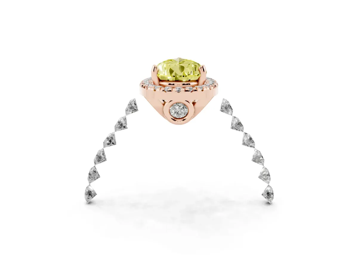 Fancy Yellow Pear Cut Halo Pavé Diamond Engagement Ring with Four-Prong Setting Rose gold