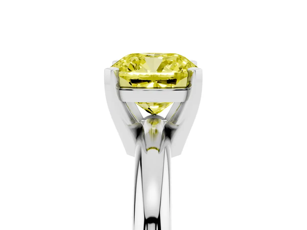 Fancy Yellow Cushion Cut Diamond Solitaire Engagement Ring with Round Band and Four-Prong Setting Platinum