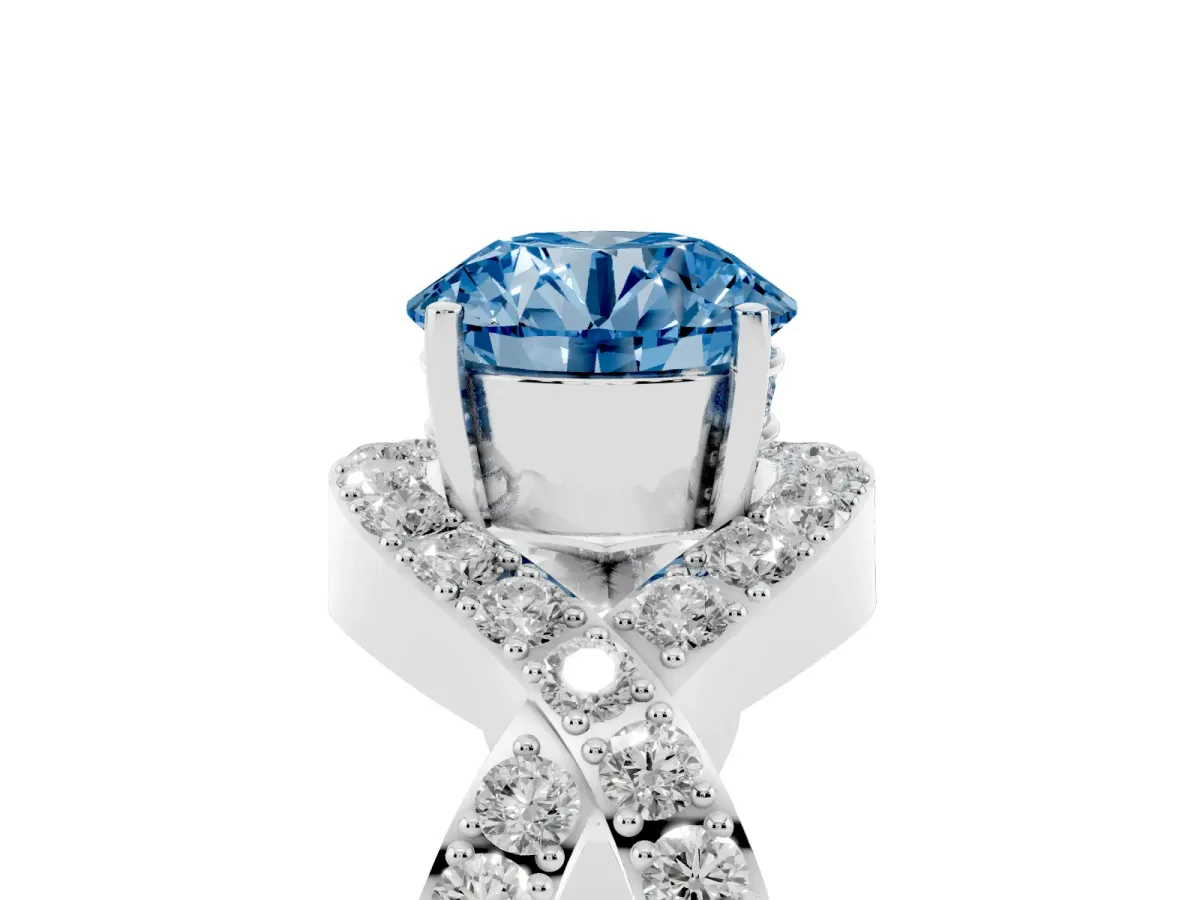 Fancy Blue Round Cut Solitaire Twist Band Pavé Diamond Engagement Ring Silver