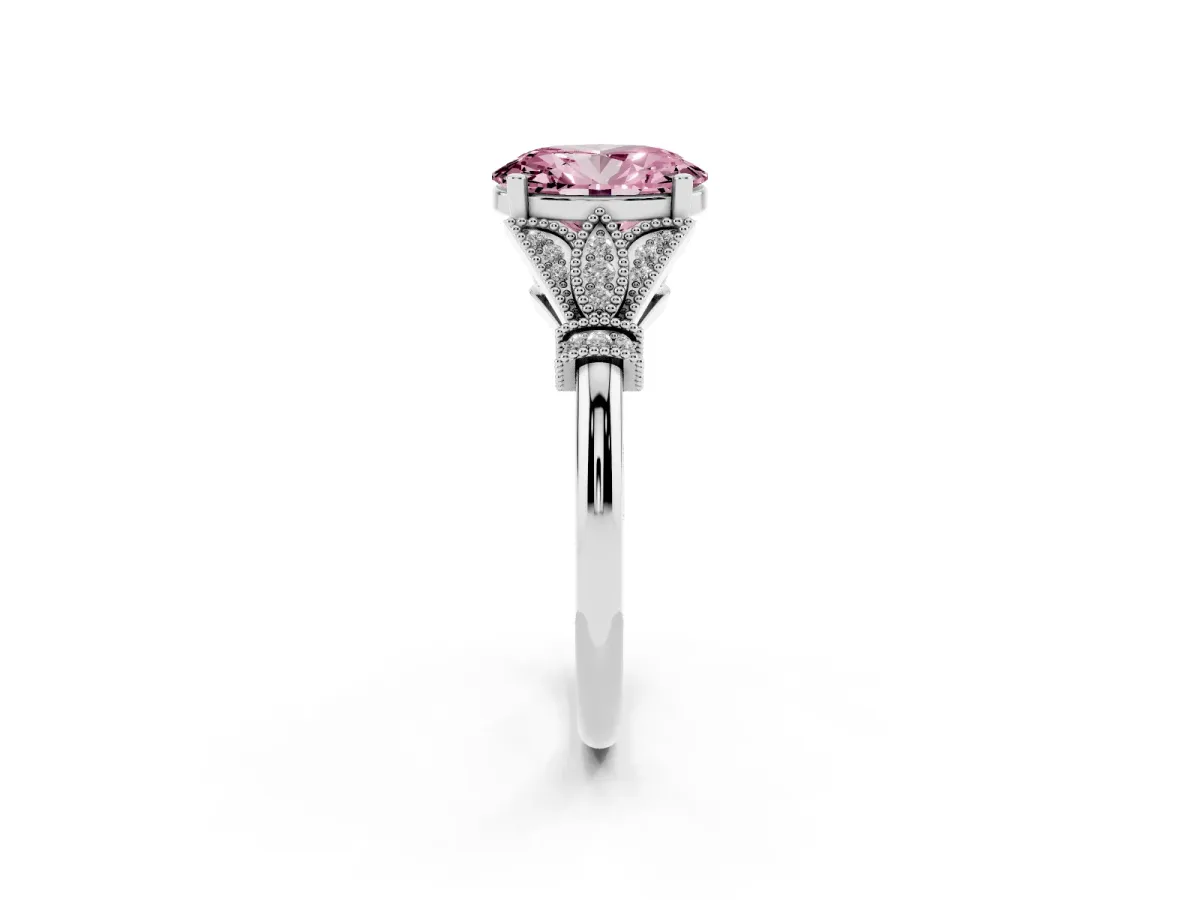 Fancy Pink Oval Cut Diamond Solitaire Ring with Floral Filigree and Pave Accents Platinum