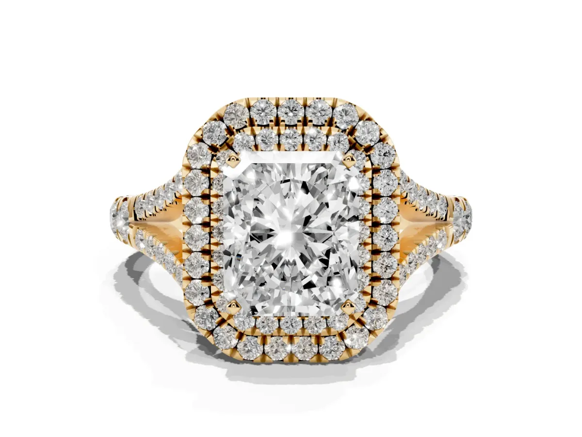 Radiant Cut Cut Double Halo Split Shank Diamond Ring with Prong Setting Yellow gold