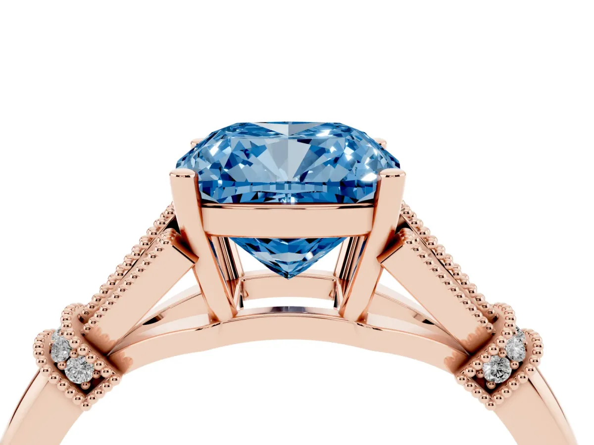 Fancy Blue Cushion Cut Diamond Solitaire Ring with Floral Filigree and Pave Accents Rose gold