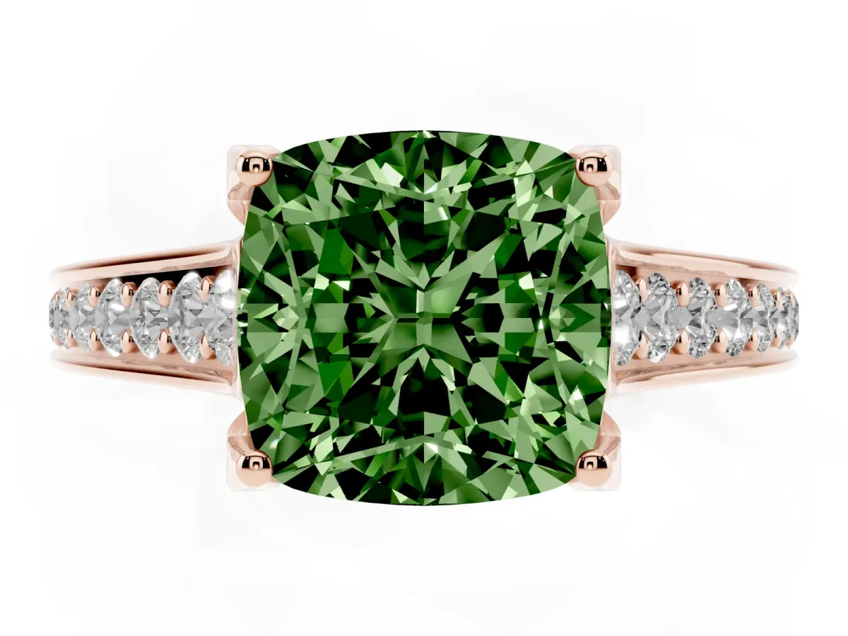 Fancy Green Cushion Cut Brilliant Cut Diamond Engagement Ring with Pavé Band and Four-Prong Setting Rose gold