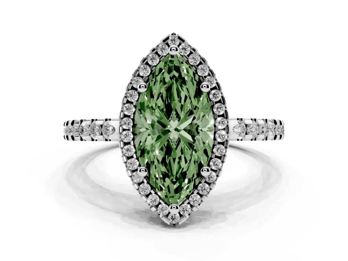 Fancy Green Marquise Cut Diamond Halo Engagement Ring with Pavé Band and Prong Setting Silver
