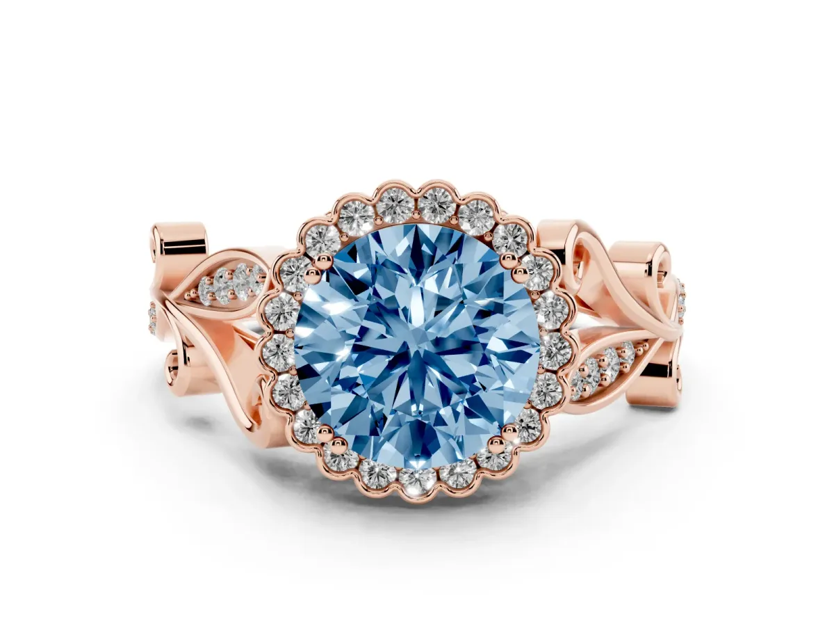 Fancy Blue Round Cut Diamond Halo Ring with Vintage Split Shank and Four-Prong Setting Rose gold
