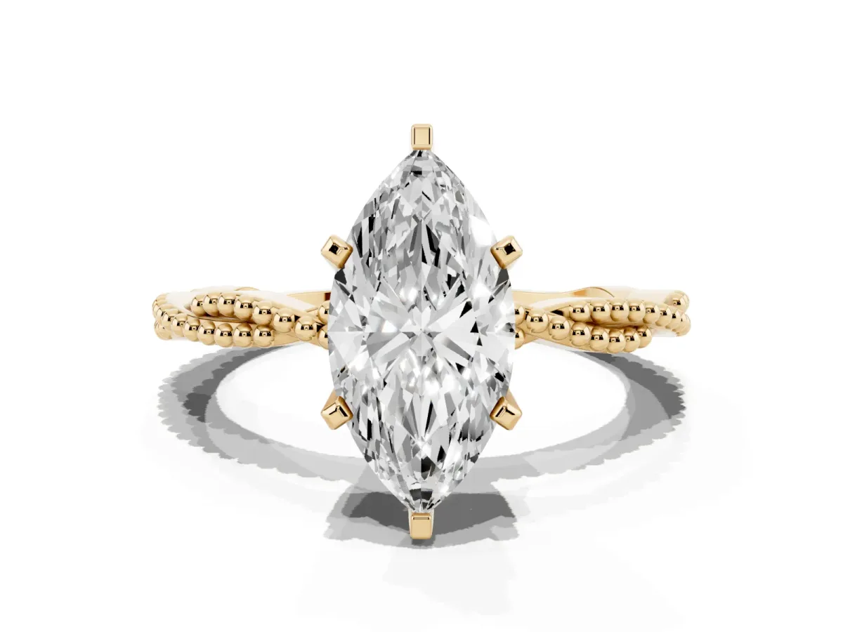 Marquise Cut Solitaire Twisted Band with Bead Prong Setting Yellow gold