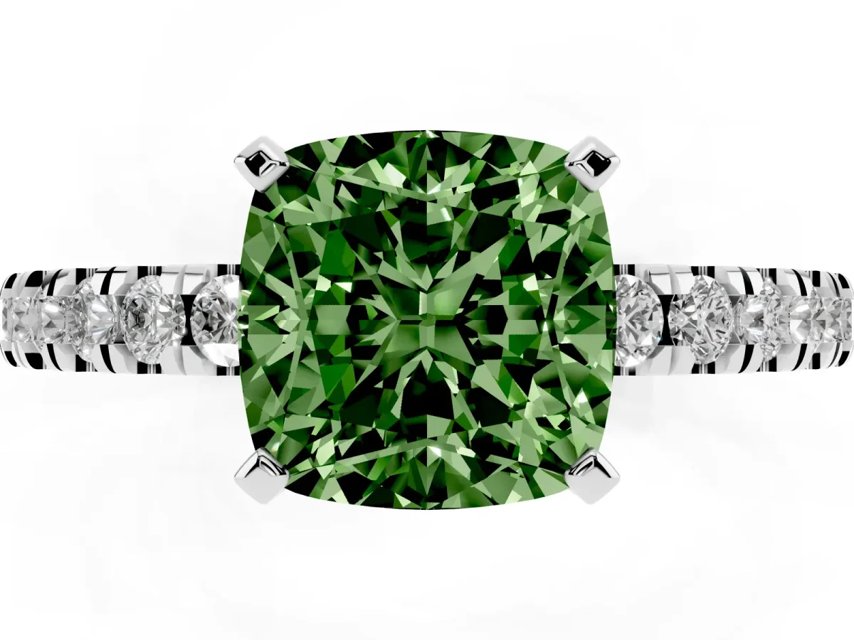 Fancy Green Cushion Cut Solitaire Diamond with Pavé Band and Four-Prong Setting Silver