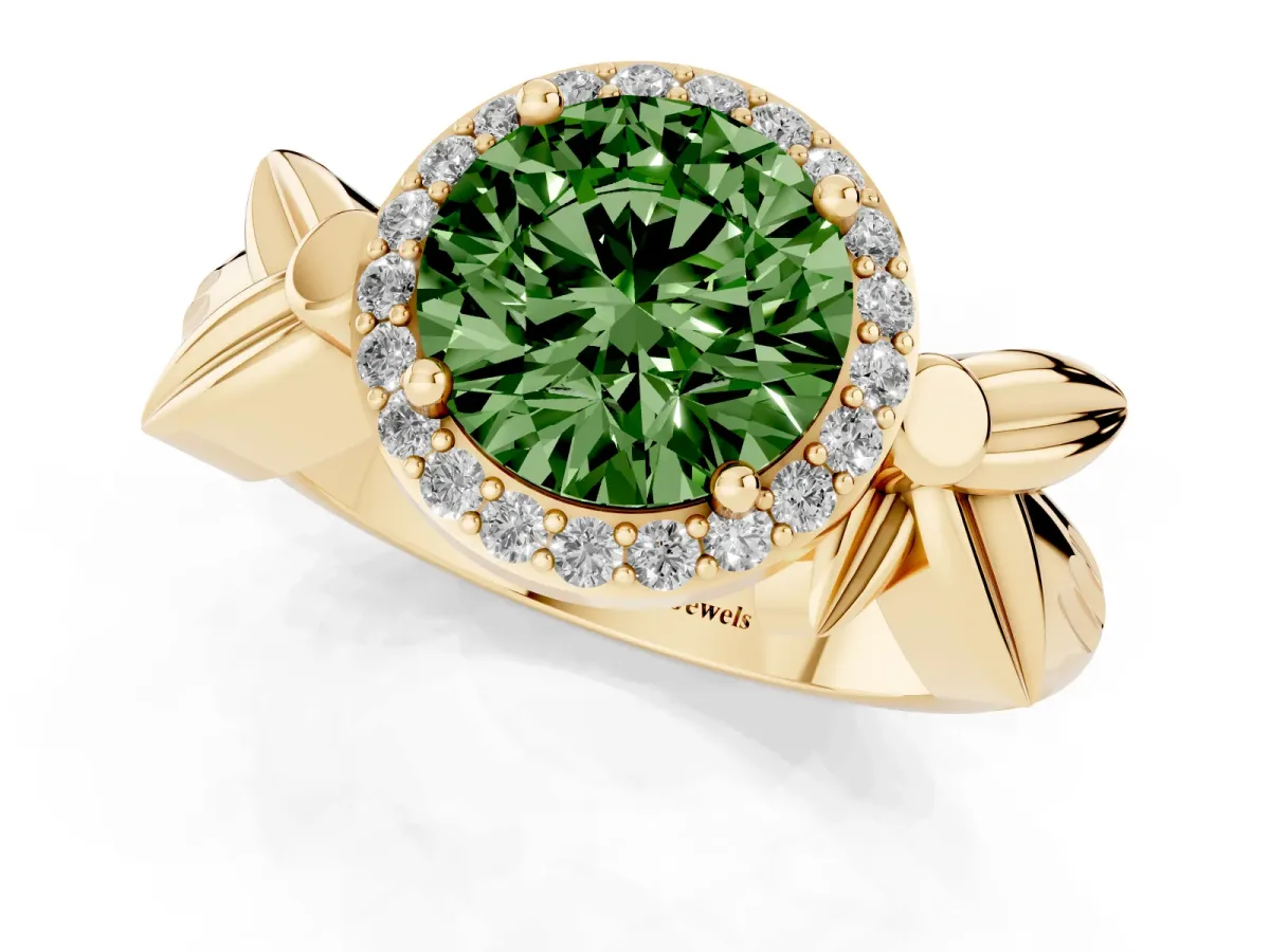 Fancy Green Round Cut Halo Diamond Floral Band with Four-Prong Setting Yellow gold