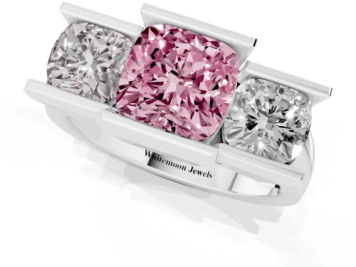 Fancy Pink Three Stone Cushion Cut Cut Channel Set Diamond Ring Platinum