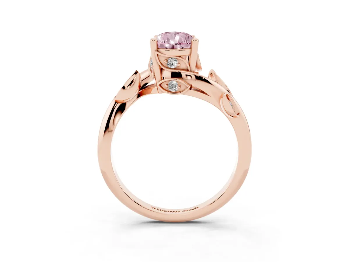 Fancy Pink Pear Cut Solitaire Twist Engagement Ring with Leaf Accents and Prong Setting Rose gold