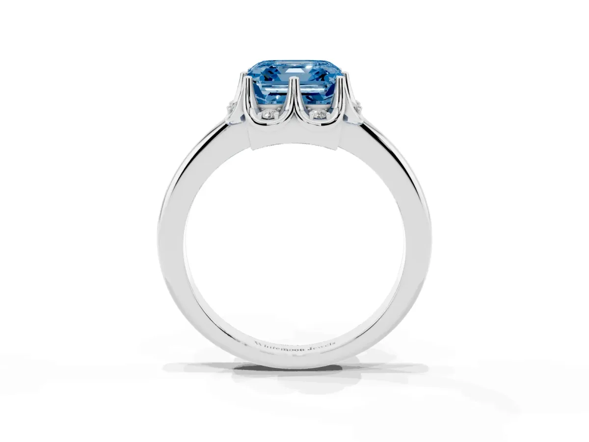 Fancy Blue Asscher Cut Halo Diamond Ring with Round Cluster Setting, Solitaire Band, and Four-Prong Setting Silver