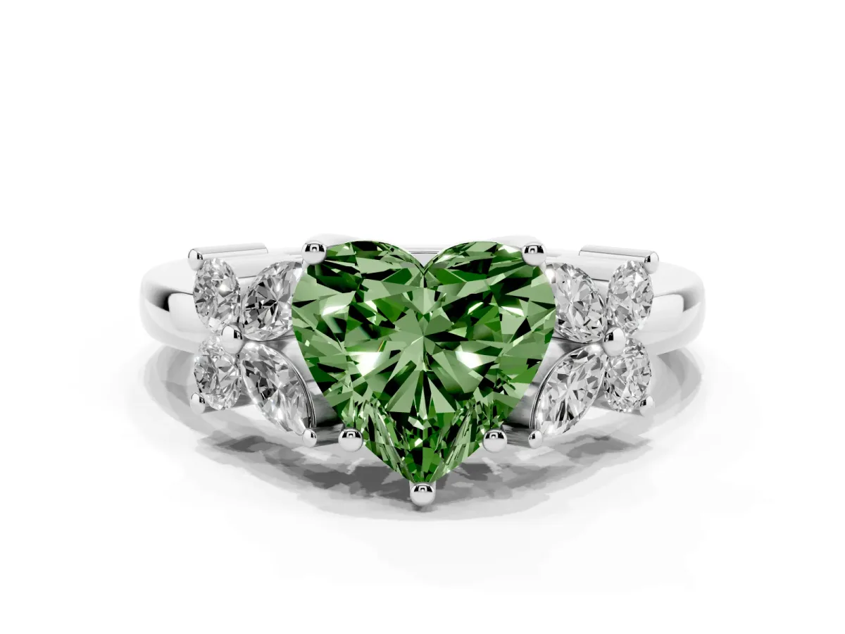 Fancy Green Heart Cut Diamond Floral Cluster Ring with Solitaire Band and Prong Setting Platinum