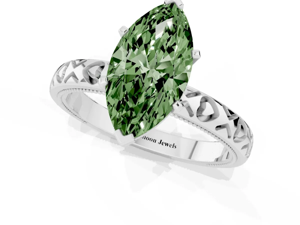 Fancy Green Marquise Cut Solitaire Diamond Engagement Ring with XO Engraved Band and Four-Prong Setting Platinum