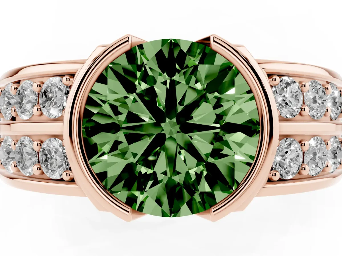 Fancy Green Round Cut Brilliant Diamond Channel Set Wide Band Ring with Bezel Setting Rose gold