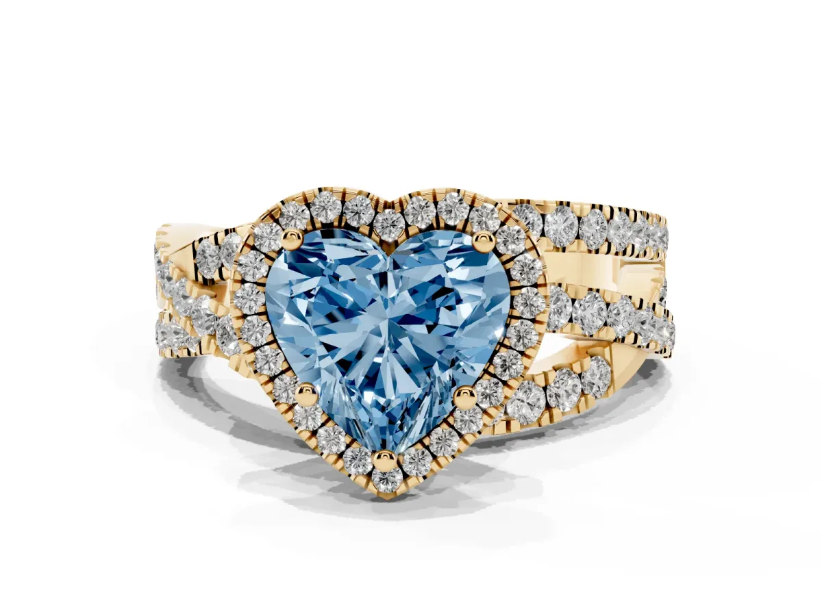 Fancy Blue Heart Cut Diamond Halo Ring with Round Split Shank and Prong Setting Yellow gold