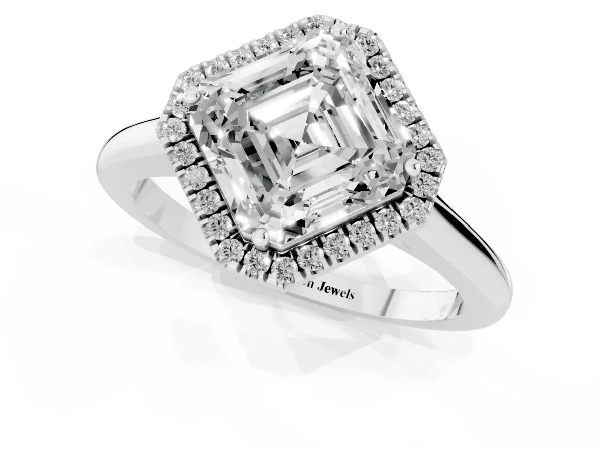 Asscher Cut Halo Round Diamond Solitaire Engagement Ring with Pave Band and Four-Prong Setting Platinum