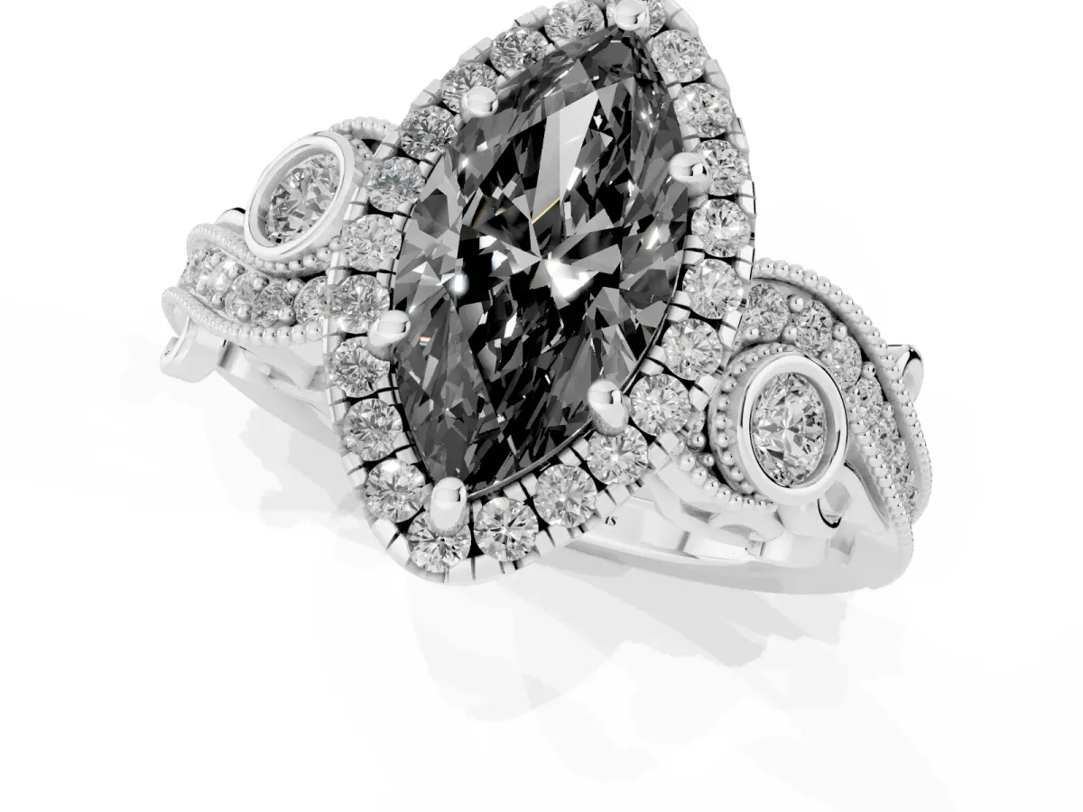 Fancy Black Marquise Cut Halo Diamond Ring with Milgrain and Bezel Accents on a Split Shank Band Platinum