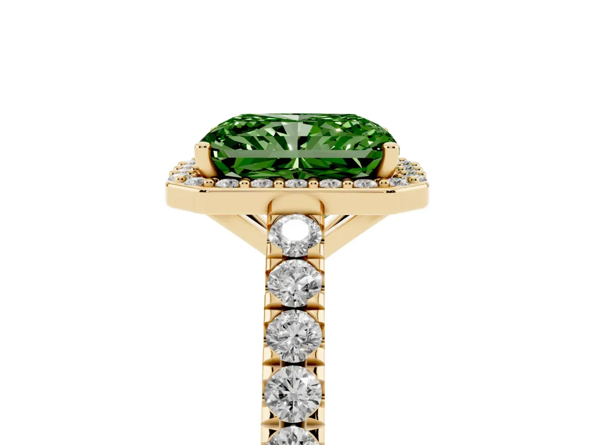 Fancy Green Radiant Cut Cut Halo Diamond Engagement Ring with Pave Band and Four-Prong Setting Yellow gold