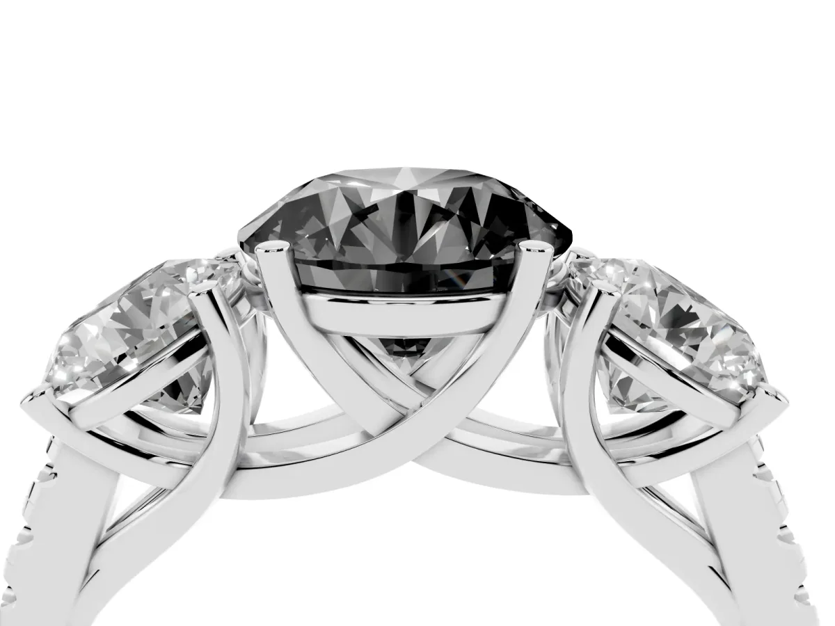 Fancy Black Three-Stone Round Cut Diamond Ring with Round Pavé Band and Prong Setting Silver