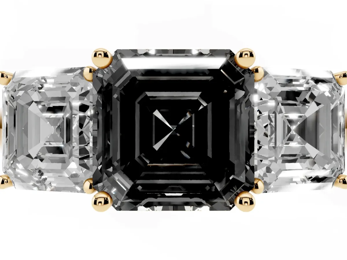 Fancy Black Three-Stone Asscher Cut Cut Diamond Engagement Ring with Prong Setting on a White Gold Band Yellow gold