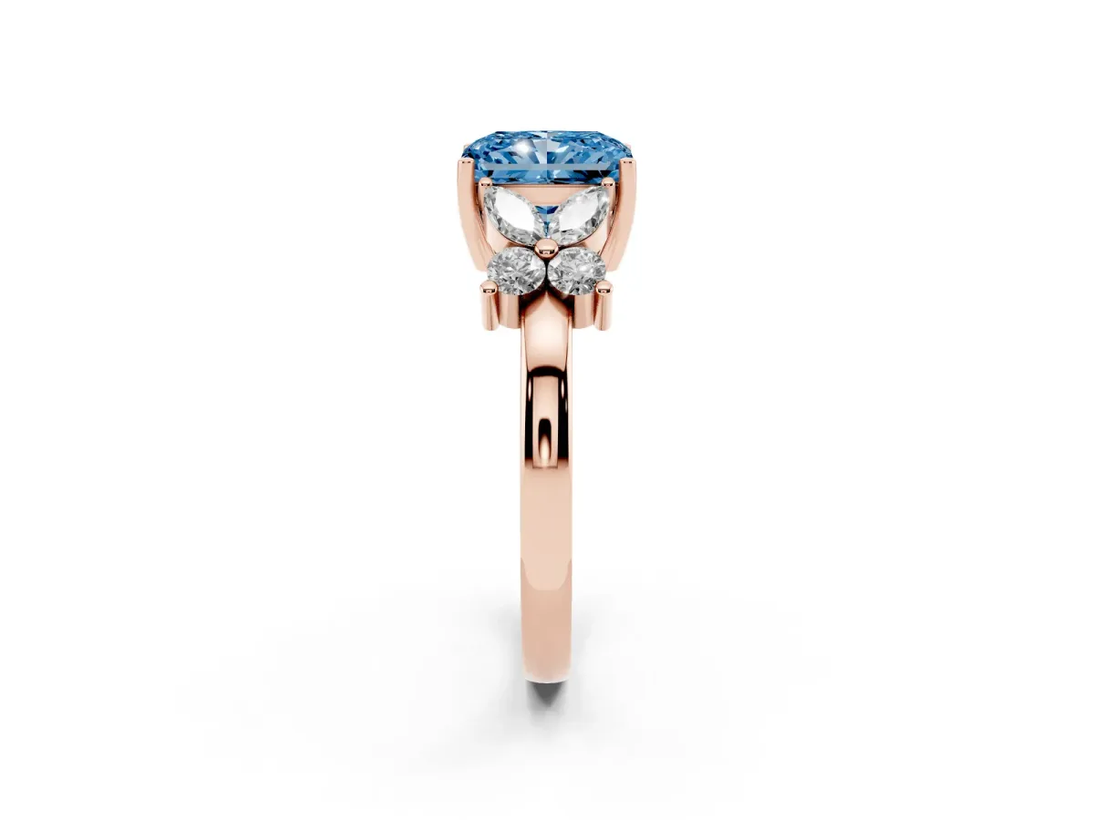 Fancy Blue Radiant Cut Diamond Floral Cluster Ring with Solitaire Band and Prong Setting Rose gold