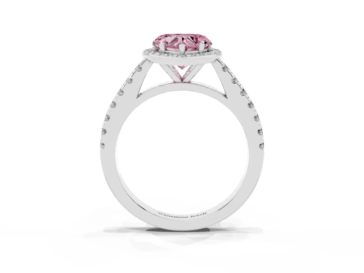 Fancy Pink Heart Cut Cut Halo Diamond Engagement Ring with Pave Band and Four-Prong Setting Silver
