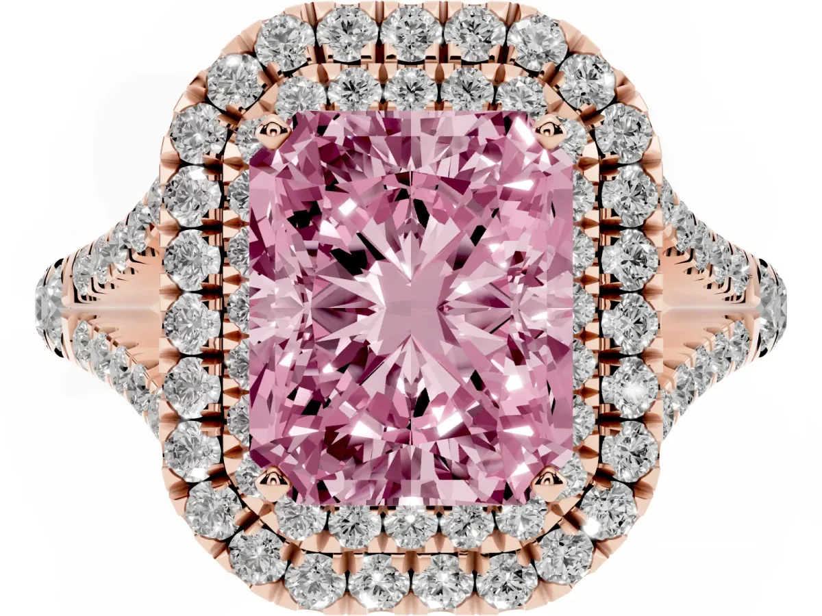Fancy Pink Radiant Cut Diamond Double Halo Ring with Split Shank and Prong Setting Rose gold