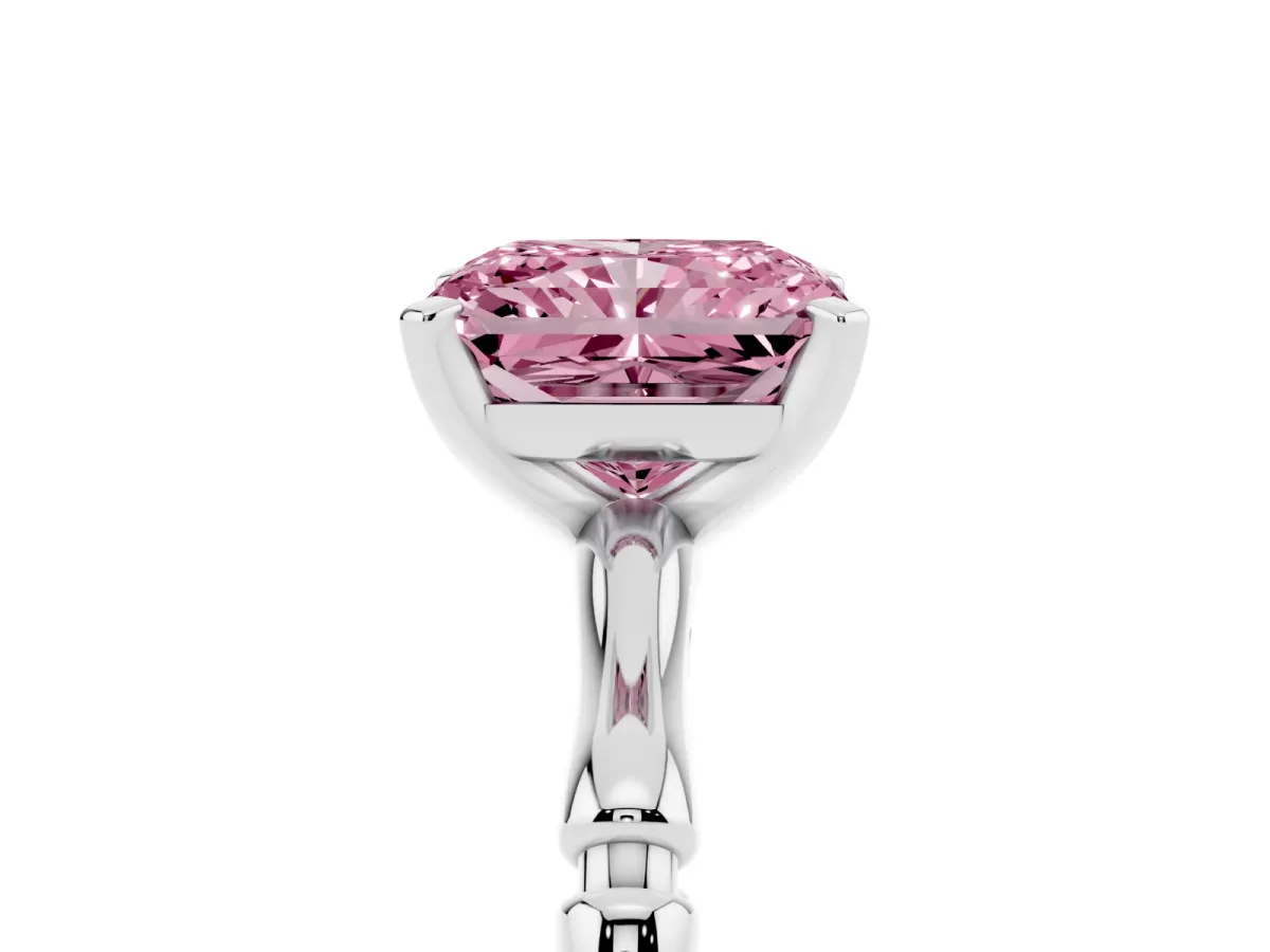 Fancy Pink Radiant Cut Solitaire Diamond Ring with Bamboo Band and Four-Prong Setting Silver