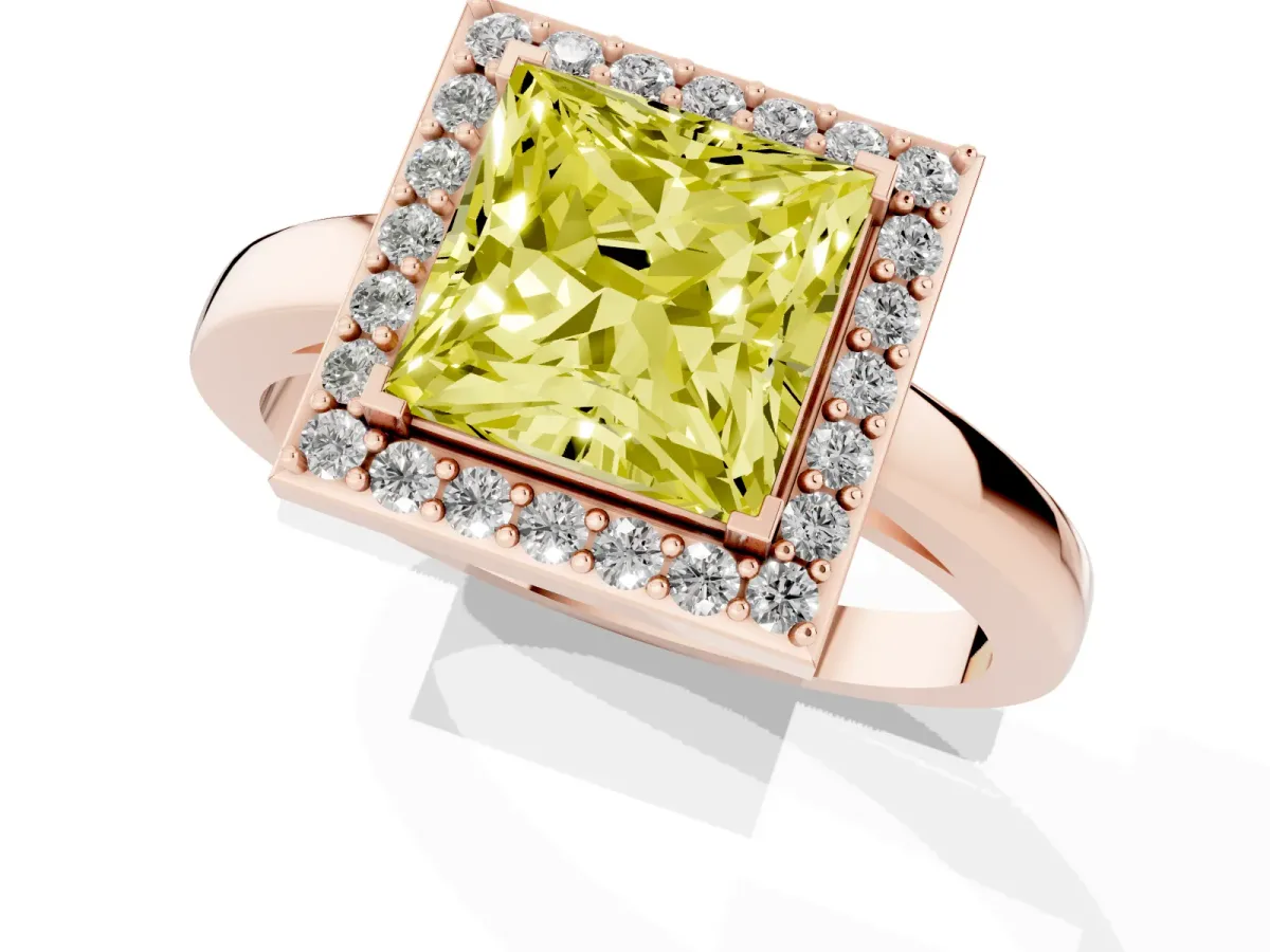 Fancy Yellow Princess Cut Halo Diamond Ring with Solitaire Band and Prong Setting Rose gold
